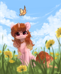 Size: 2000x2425 | Tagged: safe, artist:graypillow, oc, oc only, butterfly, pony, unicorn, cloud, grass, high res, solo