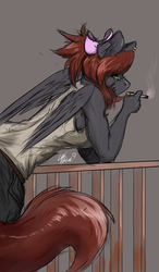 Size: 3500x6000 | Tagged: safe, artist:loki-bagel, oc, oc only, oc:bwae, anthro, cigarette, clothes, female, leaning, pants, simple background, smoking, solo, tank top