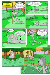 Size: 730x1095 | Tagged: safe, artist:cartoon-eric, fluttershy, oc, oc:fred wolfbane, pony, comic:pink. it's what's for dinner, g4, bush, comic, fence, flower, fluttershy's cottage, singing, watering can