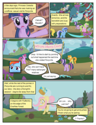 Size: 612x792 | Tagged: safe, artist:newbiespud, edit, edited screencap, screencap, apple bumpkin, berry punch, berryshine, carrot top, cherry berry, daisy, derpy hooves, flower wishes, fluttershy, golden harvest, lily, lily valley, lyra heartstrings, minuette, rainbow dash, twilight sparkle, twinkleshine, earth pony, pegasus, pony, unicorn, comic:friendship is dragons, g4, apple family member, banner, basket, book, bouquet, comic, dialogue, flower, golden oaks library, mouth hold, raised hoof, screencap comic, tree, unicorn twilight, watering can