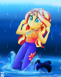 Size: 1700x2134 | Tagged: safe, artist:theretroart88, sunset shimmer, human, equestria girls, g4, let it rain, my little pony equestria girls: better together, boots, clothes, crying, female, pants, rain, shoes, sleeveless, tears of joy, teary eyes