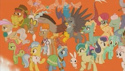 Size: 1276x718 | Tagged: safe, screencap, angel bunny, bon bon, cattail, cotton (g4), discord, doctor fauna, doctor muffin top, doctor whooves, gabby, gentle breeze, iron will, lyra heartstrings, mayor mare, meadowbrook, nurse redheart, posey shy, sandbar, sweetie drops, time turner, tree hugger, twinkle (g4), twirly, zephyr breeze, breezie, draconequus, earth pony, griffon, pegasus, pony, unicorn, g4, the last problem, female, male, mare, offscreen character, orange background, simple background, the magic of friendship grows, unnamed breezie, unnamed character