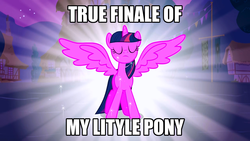 Size: 1280x720 | Tagged: safe, edit, edited screencap, screencap, twilight sparkle, alicorn, pony, g4, magical mystery cure, background pony strikes again, caption, engrish, female, image macro, mare, misspelling, needs more saturation, op is a duck, op is trying to start shit, solo, text, twilight sparkle (alicorn)