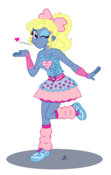 Size: 3853x6102 | Tagged: dead source, safe, artist:metaldudepl666, oc, oc:azure/sapphire, equestria girls, g4, 80's style, bow, crossdressing, digital art, fake breasts, femboy, floating heart, hair bow, heart, leg warmers, looking at you, male, one eye closed, ribbon, shoes, signature, sneakers, wig, wink