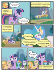 Size: 612x792 | Tagged: safe, artist:newbiespud, edit, edited screencap, screencap, applejack, fluttershy, princess celestia, rainbow dash, rarity, twilight sparkle, alicorn, earth pony, pegasus, pony, unicorn, comic:friendship is dragons, g4, big crown thingy, bowing, chariot, comic, dialogue, female, flying, freckles, hat, jewelry, looking up, male, mare, peytral, regalia, royal guard, screencap comic, stallion, unicorn twilight