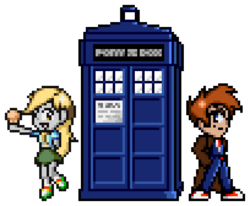Size: 816x672 | Tagged: safe, artist:theratedrshimmer, derpy hooves, doctor whooves, time turner, equestria girls, g4, chibi, doctor who, equestria girls-ified, female, food, male, muffin, pixel art, tardis