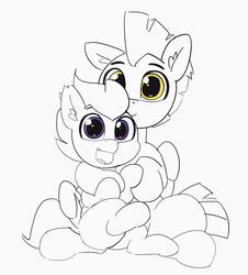 Size: 3520x3892 | Tagged: safe, artist:pabbley, rumble, thunderlane, pegasus, pony, g4, brothers, colt, duo, ear fluff, happy, high res, looking at you, male, monochrome, open mouth, partial color, siblings, simple background, sitting, smiling, stallion, white background