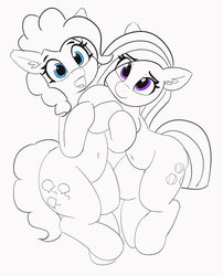 Size: 3306x4096 | Tagged: safe, artist:pabbley, marble pie, pinkie pie, earth pony, pony, g4, belly button, duo, ear fluff, female, mare, monochrome, open mouth, partial color, pie sisters, siblings, sisters, smiling