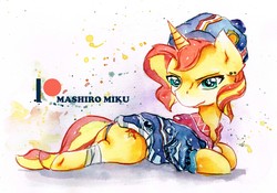 Size: 3437x2409 | Tagged: safe, artist:mashiromiku, sunset shimmer, pony, unicorn, g4, clothes, female, hat, high res, lying down, mare, patreon, patreon logo, shirt, solo, traditional art, watercolor painting