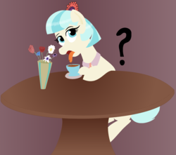 Size: 1810x1600 | Tagged: safe, artist:hater3d, coco pommel, earth pony, pony, g4, female, flower, food, mare, question mark, simple background, table, tea, tongue out, vase