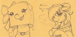 Size: 1061x518 | Tagged: safe, artist:longinius, oc, oc only, oc:mocha latte, oc:paper bag, pony, choker, clothes, coffee, dialogue, female, lineart, mare, paper bag, scarf, sticky note, traditional art