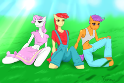 Size: 3000x2000 | Tagged: safe, artist:biomirage, apple bloom, scootaloo, sweetie belle, anthro, g4, cutie mark crusaders, high res