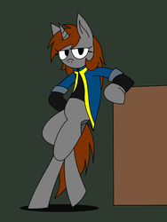 Size: 1920x2560 | Tagged: safe, artist:derpanater, oc, oc only, oc:littlepip, pony, unicorn, fallout equestria, clothes, fanfic, fanfic art, female, hooves, horn, jumpsuit, leaning, looking at you, mare, relaxing, simple background, solo, standing, vault suit