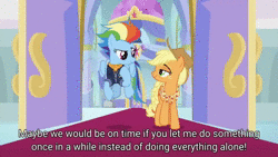 Size: 1920x1080 | Tagged: safe, screencap, applejack, luster dawn, pinkie pie, rainbow dash, rarity, spike, twilight sparkle, alicorn, earth pony, pegasus, pony, unicorn, g4, the last problem, leak, animated, clothes, coat, crown, flying, hat, jacket, jewelry, like an old married couple, looking at each other, no sound, regalia, smiling, subtitles, talking, text, throne room, twilight sparkle (alicorn), walking, webm, wings