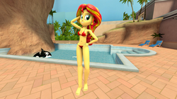 Size: 3840x2160 | Tagged: safe, artist:wissle, sunset shimmer, equestria girls, equestria girls specials, g4, my little pony equestria girls: better together, my little pony equestria girls: forgotten friendship, 3d, arm behind head, bare shoulders, beach chair, belly button, bikini, bra, chair, clothes, female, hand on hip, high res, midriff, panties, pose, selfie, sexy, smiling, solo, source filmmaker, standing, sunset selfie, swimming pool, swimsuit, underwear, water