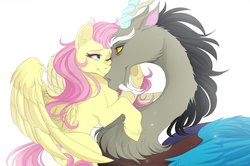 Size: 2580x1713 | Tagged: safe, artist:mrgdog, discord, fluttershy, draconequus, pegasus, pony, g4, eye contact, female, looking at each other, male, mare, nuzzling, ship:discoshy, shipping, simple background, smiling, spread wings, straight, unshorn fetlocks, white background, wings