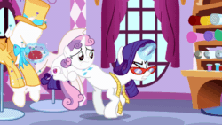 Size: 800x450 | Tagged: safe, screencap, rarity, sweetie belle, pony, unicorn, g4, growing up is hard to do, animated, belle sisters, cloth, clothes, eyes closed, female, filly, foal, gif, glasses, holding on, horn, leg shaking, magic, magic glow, mare, measuring tape, out of context, shake, siblings, sisters, you know for kids