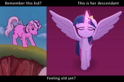 Size: 960x640 | Tagged: safe, edit, screencap, twilight, twilight sparkle, alicorn, pony, g1, g4, my little pony: the movie, rescue at midnight castle, bow, cliff, cloud, cloudy, cropped, crown, cute, dream valley, eyes closed, feeling old yet?, female, frown, glowing horn, horn, jewelry, looking down, majestic, meditating, meditation, meme, raised leg, regalia, solo, spread wings, tail bow, twilight sparkle (alicorn), wings