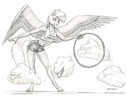 Size: 1400x1076 | Tagged: safe, artist:baron engel, derpy hooves, pegasus, anthro, unguligrade anthro, g4, behaving like a dog, clothes, cloud, colored hooves, female, grayscale, large wings, mare, midriff, monochrome, open mouth, pencil drawing, shorts, simple background, solo, tongue out, traditional art, wat, what has science done, white background, wings