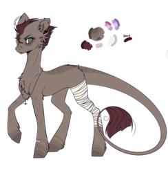 Size: 1468x1503 | Tagged: safe, artist:rukemon, oc, oc only, oc:dirty clover, earth pony, pony, bandage, bandaid, blank flank, chest fluff, cross, ear fluff, ear piercing, earring, female, freckles, jewelry, leonine tail, mare, markings, necklace, piercing, raised hoof, reference sheet, scar, simple background, solo, transparent background
