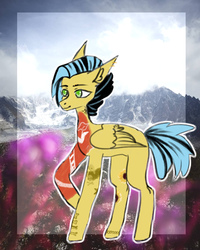 Size: 1728x2160 | Tagged: safe, artist:esgest, oc, oc only, oc:sora seeds, pegasus, pony, icey-verse, commission, ear piercing, earring, eyebrow piercing, female, jewelry, magical gay spawn, mare, missing cutie mark, offspring, parent:braeburn, parent:soarin', parents:soarburn, piercing, raised hoof, solo, tattoo
