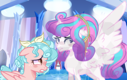 Size: 1338x844 | Tagged: safe, artist:57474, cozy glow, princess flurry heart, alicorn, pegasus, pony, g4, a better ending for cozy, alternate hairstyle, blushing, broken horn, crystallized, female, horn, lesbian, mare, older, older cozy glow, older flurry heart, ship:cozyheart, shipping