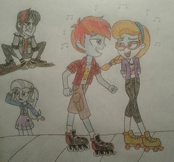 Size: 1200x1120 | Tagged: safe, artist:jebens1, trixie, oc, oc:blade swipe, equestria girls, g4, female, male, music notes, roller skates, traditional art