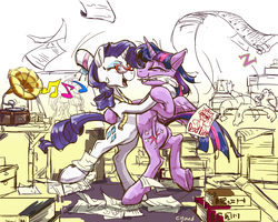 Size: 1000x800 | Tagged: safe, artist:cyan-six, rarity, spike, twilight sparkle, alicorn, dragon, pony, unicorn, g4, bipedal, book, dancing, drool, female, glasses, lesbian, male, mare, mouth hold, music notes, on back, onomatopoeia, phonograph, quill, ship:rarilight, shipping, sleeping, snoring, sound effects, twilight sparkle (alicorn), winged spike, wings, wip, zzz