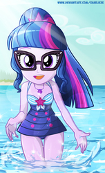 Size: 440x726 | Tagged: safe, artist:charliexe, sci-twi, twilight sparkle, equestria girls, equestria girls series, g4, adorasexy, beautisexy, clothes, cute, female, geode of telekinesis, glasses, legs in the water, legs together, looking at you, magical geodes, open mouth, partially submerged, ponytail, sci-twi swimsuit, sexy, sleeveless, solo, swimsuit, twiabetes