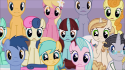 Size: 1920x1080 | Tagged: safe, screencap, blues, bon bon, caramel, carrot top, golden harvest, jet set, lily, lily valley, lyra heartstrings, noteworthy, royal riff, say cheese, sunshower raindrops, sweet biscuit, sweetie drops, tender brush, winter lotus, earth pony, pony, unicorn, g4, the summer sun setback, :t, background pony, background pony audience, cookie, eating, female, food, male, mare, sitting, stallion