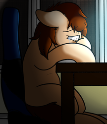 Size: 3200x3700 | Tagged: safe, artist:dracoflames, oc, oc only, unnamed oc, earth pony, pony, chair, crying, dark room, high res, sad, sitting, solo, table, vent art