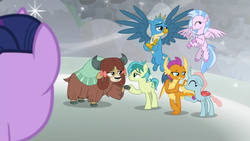 Size: 1920x1080 | Tagged: safe, screencap, gallus, ocellus, sandbar, silverstream, smolder, twilight sparkle, yona, alicorn, changedling, changeling, classical hippogriff, dragon, earth pony, griffon, hippogriff, pony, yak, g4, the ending of the end, bedroom eyes, bow, cloven hooves, colored hooves, dragoness, female, flying, hair bow, jewelry, male, monkey swings, necklace, ship:yonabar, shipping, shipping fuel, straight, student six, teenager, twilight sparkle (alicorn)