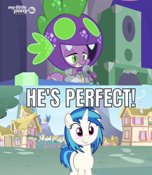 Size: 642x739 | Tagged: safe, edit, edited screencap, editor:undeadponysoldier, screencap, dj pon-3, spike, vinyl scratch, dragon, pony, unicorn, g4, she's all yak, caption, crush, cute, discovery family logo, dj scales and tail, female, happy, image macro, male, mare, meme, microphone, perfect, ponyville, shipping, smiling, straight, text, vinylbetes, vinylspike