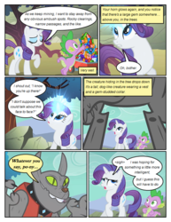 Size: 612x792 | Tagged: safe, artist:newbiespud, edit, edited screencap, screencap, rarity, rover, spike, diamond dog, dragon, pony, unicorn, comic:friendship is dragons, g4, clothes, comic, dialogue, eating, eyes closed, female, framed by legs, gem, glowing horn, horn, magic, male, mare, mountain, screencap comic, slit pupils, vest, wagon