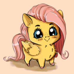 Size: 1800x1800 | Tagged: safe, artist:miokomata, fluttershy, pony, g4, chest fluff, chibi, colored hooves, cute, cute little fangs, fangs, female, freckles, orange background, shyabetes, simple background, solo, wing fluff