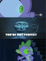 Size: 640x846 | Tagged: safe, edit, edited screencap, editor:undeadponysoldier, screencap, spike, dragon, g4, the crystal empire, 'new', caption, cartoon network, courage the cowardly dog, creepy, disturbed, hub logo, image macro, male, meme, perfect (episode), scared, sombra eyes, text, the hub, you're not perfect