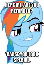 Size: 487x718 | Tagged: safe, edit, edited screencap, screencap, rainbow dash, pegasus, pony, g4, bad pickup line, caption, female, image macro, mare, meme, op is a duck, solo, text