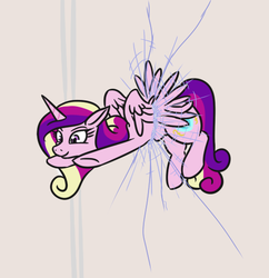 Size: 500x517 | Tagged: safe, artist:jargon scott, princess cadance, alicorn, pony, g4, crash, female, mare, meme, ponified animal photo, solo, window