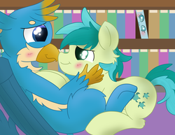 Size: 3300x2550 | Tagged: safe, artist:skyflys, gallus, ocellus, sandbar, changedling, changeling, earth pony, griffon, pony, g4, background ocellus, book, bookshelf, boop, disguise, disguised changeling, female, gay, gay in front of girls, high res, inanimate tf, male, noseboop, objectification, ship:gallbar, shipping, sneak 100, snuggling, transformation, voyeurism, when you see it