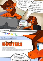 Size: 2480x3507 | Tagged: safe, artist:mcsplosion, oc, oc:painterly flair, unicorn, semi-anthro, arm hooves, blushing, chair, comic, computer, computer screen, desk, dialogue, email, failed a spot check, female, gmail, high res, hooters, imminent embarrassment, office chair, smiling, sweat, website