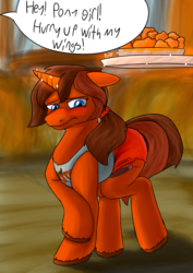 Size: 2480x3507 | Tagged: safe, artist:mcsplosion, oc, oc:painterly flair, pony, unicorn, blurry background, blushing, blushing profusely, buffalo wings, chicken wings, comic, dialogue, embarrassed, female, glowing horn, high res, hooters, horn, hot wings, levitation, looking down, magic, offscreen character, offscreen human, ponies eating meat, ponytail, scrunchie, telekinesis, unshorn fetlocks, waitress