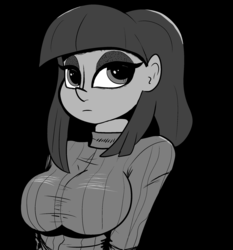 Size: 2120x2272 | Tagged: safe, artist:paskanaakka, derpibooru exclusive, maud pie, equestria girls, g4, black background, breasts, bust, busty maud pie, clothes, female, high res, lidded eyes, monochrome, simple background, solo, sweater
