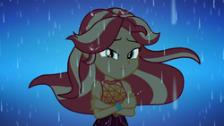 Size: 1910x1080 | Tagged: safe, screencap, sunset shimmer, equestria girls, equestria girls series, g4, let it rain, spoiler:eqg series (season 2), beautiful, crossed arms, female, geode of empathy, looking at you, magical geodes, night, rain, sleeveless, solo