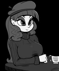 Size: 1949x2358 | Tagged: safe, artist:paskanaakka, derpibooru exclusive, rarity, equestria girls, g4, beatnik rarity, beret, black background, breasts, busty rarity, clothes, female, hat, lidded eyes, monochrome, simple background, smiling, solo, sweater