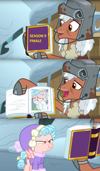 Size: 1576x2688 | Tagged: safe, edit, edited screencap, screencap, cozy glow, rusty bucket, earth pony, pegasus, pony, frenemies (episode), g4, the ending of the end, leak, abuse, cozy glow is best facemaker, cozy glow is not amused, cozybuse, petrification, rusty bucket journal meme, unamused, you know for kids