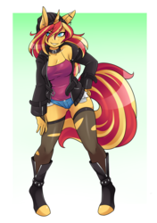 Size: 1800x2550 | Tagged: safe, artist:ambris, sunset shimmer, unicorn, anthro, unguligrade anthro, g4, beanie, boots, breasts, busty sunset shimmer, cleavage, clothes, collar, cute, daisy dukes, ear piercing, earring, eye clipping through hair, female, hat, hoof shoes, jacket, jewelry, leather jacket, leggings, looking at you, piercing, punk, shimmerbetes, shirt, shoes, shorts, smiling, socks, solo, stockings, thigh highs, torn clothes