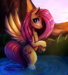Size: 2000x2187 | Tagged: safe, artist:miokomata, fluttershy, pegasus, pony, g4, bipedal, cute, female, high res, looking back, mare, open mouth, shyabetes, solo, spread wings, standing, standing in water, sweet dreams fuel, water, wet, wings