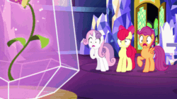 Size: 800x450 | Tagged: safe, screencap, apple bloom, scootaloo, sweetie belle, earth pony, pegasus, pony, unicorn, g4, growing up is hard to do, age spell, animated, bow, crystal, cutie map, cutie mark, cutie mark crusaders, female, friendship throne, gif, hair bow, high five, looking at each other, older, older apple bloom, older cmc, older scootaloo, older sweetie belle, smiling, table, the cmc's cutie marks, twilight's castle, whoops