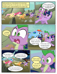 Size: 612x792 | Tagged: safe, artist:newbiespud, edit, edited screencap, screencap, applejack, fluttershy, pinkie pie, rainbow dash, spike, twilight sparkle, dragon, earth pony, pegasus, pony, unicorn, comic:friendship is dragons, a dog and pony show, g4, claws, comic, dialogue, dragons riding ponies, fangs, female, flying, freckles, hat, hooves, horn, looking back, male, mare, open mouth, paper bag, riding, run, running, screencap comic, spike riding twilight, spread wings, unicorn twilight, wings