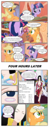 Size: 612x1556 | Tagged: safe, artist:dragontrainer13, artist:newbiespud, edit, edited screencap, screencap, applejack, twilight sparkle, earth pony, human, pony, unicorn, comic:friendship is dragons, g4, boa hancock, collaboration, comic, crossover, dialogue, eyes closed, freckles, golden oaks library, hat, looking up, one piece, salome, screencap comic, unicorn twilight